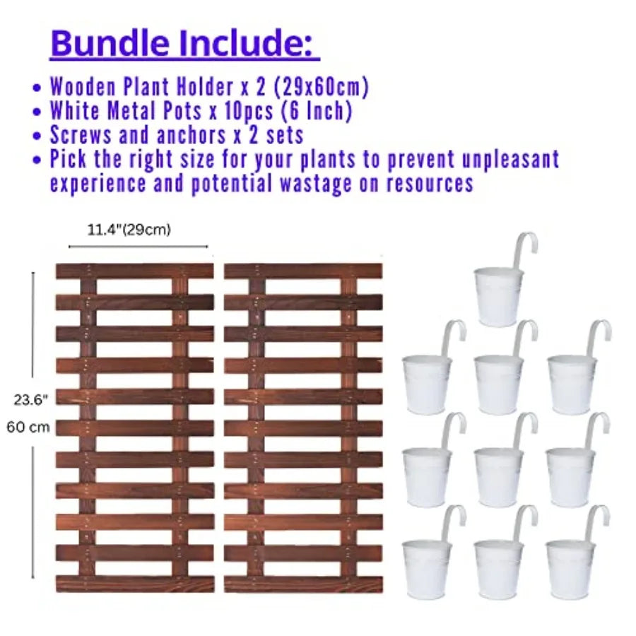 Vertical Hanging Outdoor Planters Bundle: 2 Wooden Plant Holders + 6 White Metal Pot For Fence, Deck, Patio, Or Porch Use