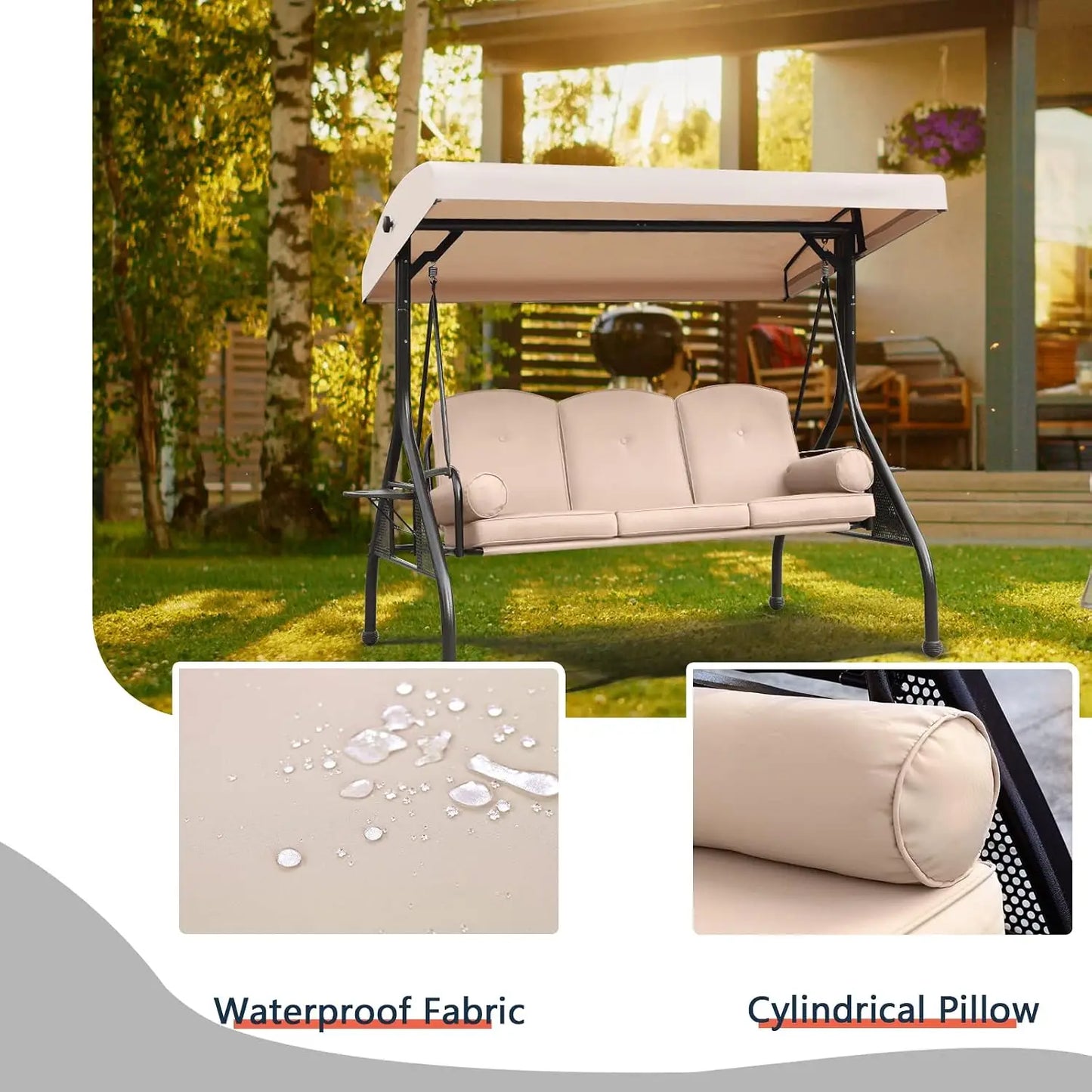 Patio Porch Swing, 3-Seat Outdoor Swing with Adjustable Canopy, Waterproof Fabric Cushion, Pillow and Foldable Side, Customized