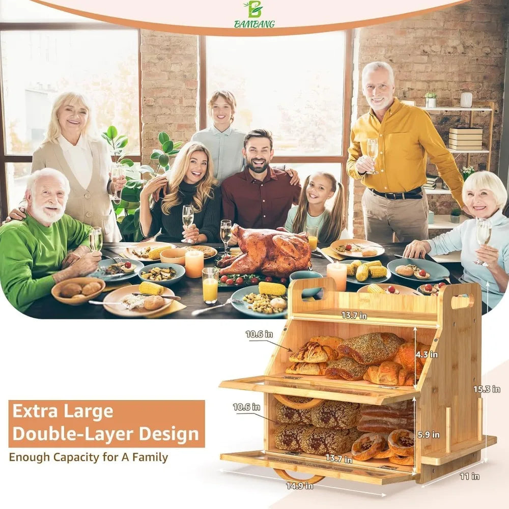 Extra Large Double Layer Bread Box, Bamboo Wooden Storage Container with Tool Holder & Handles & Window, Assembly Required(14.9" x 11" x 15.3")