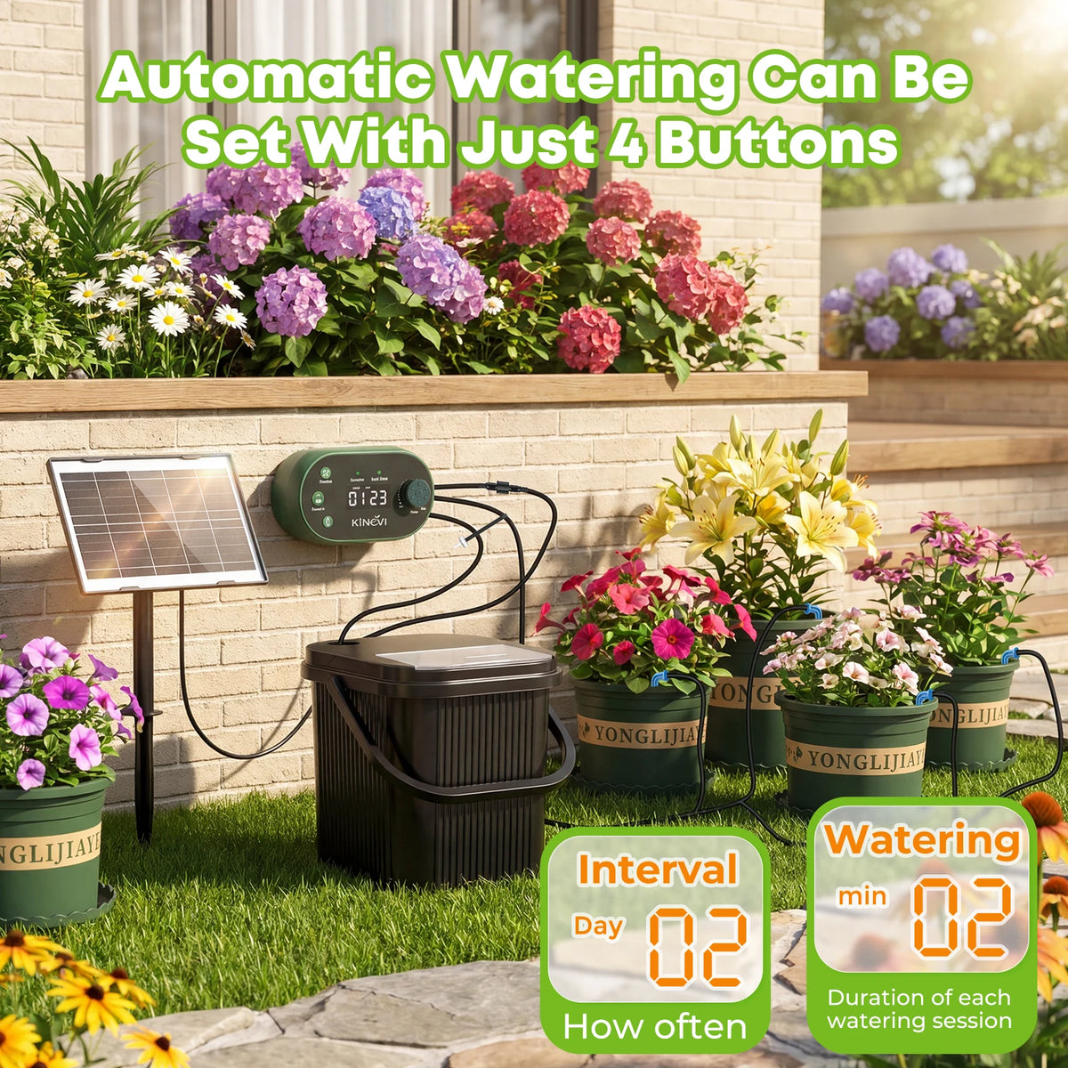 Solar Drip Irrigation System, 3W Automatic Watering System Built in 2200mAh Battery, with 22 Timing Modes 15m Hose&Anti-Siphoning, Suitable for Indoor Outdoor Plants Vegetables Shrubs
