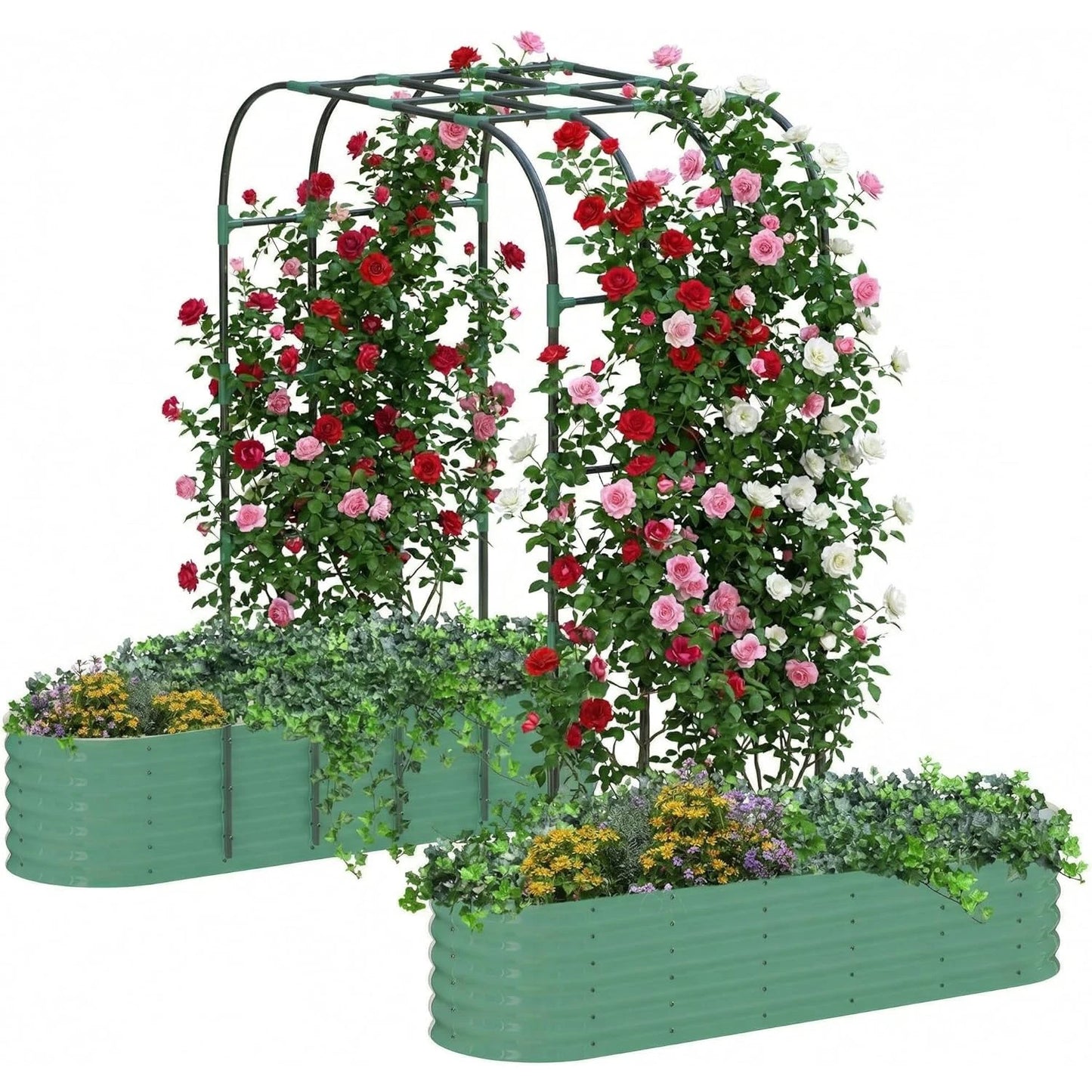 HiMISS Galvanized Raised Garden Bed With Arch Trellis Planter Box