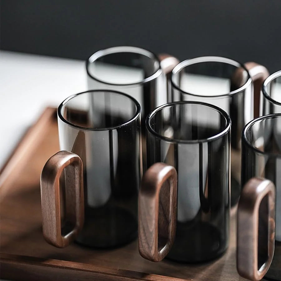 Borosilicate Glass Coffee Mugs With Walnut Handle Dishwasher Safe