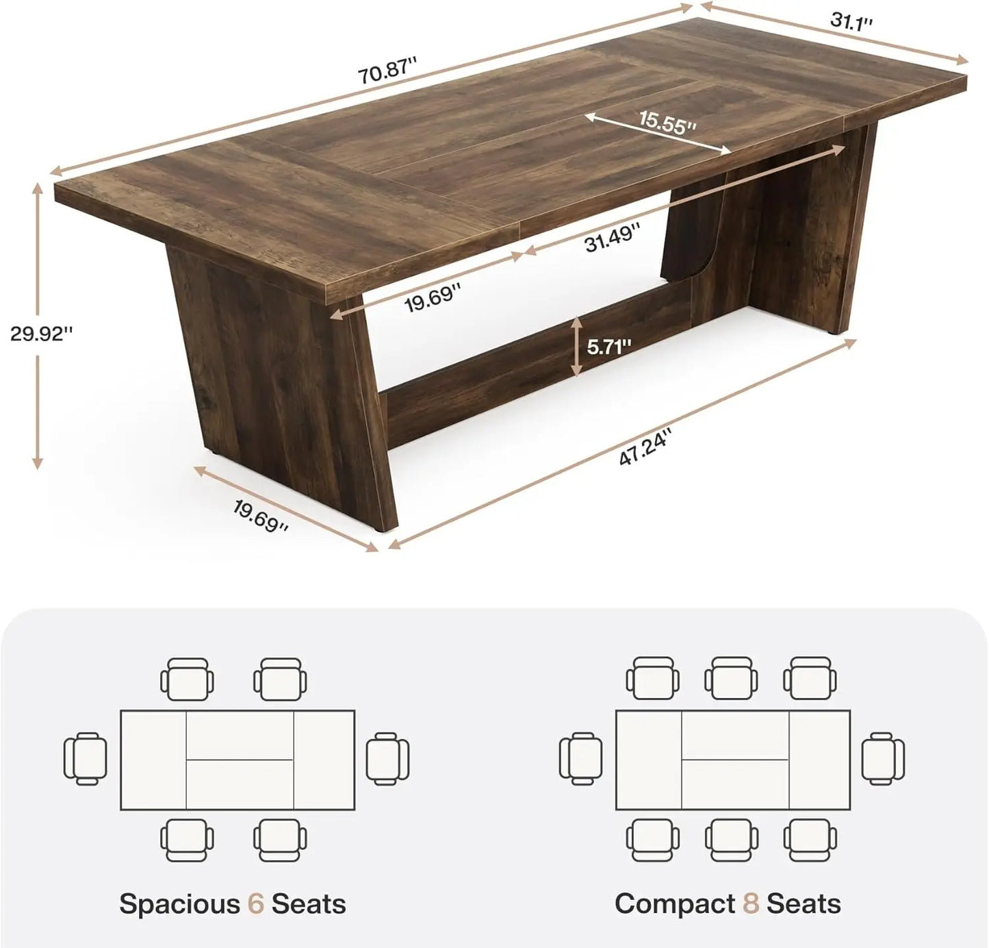 Dining Room Table: Rectangular Farmhouse Kitchen Table with Solid Pedestal, Rustic Long Dinner Table for Big Family