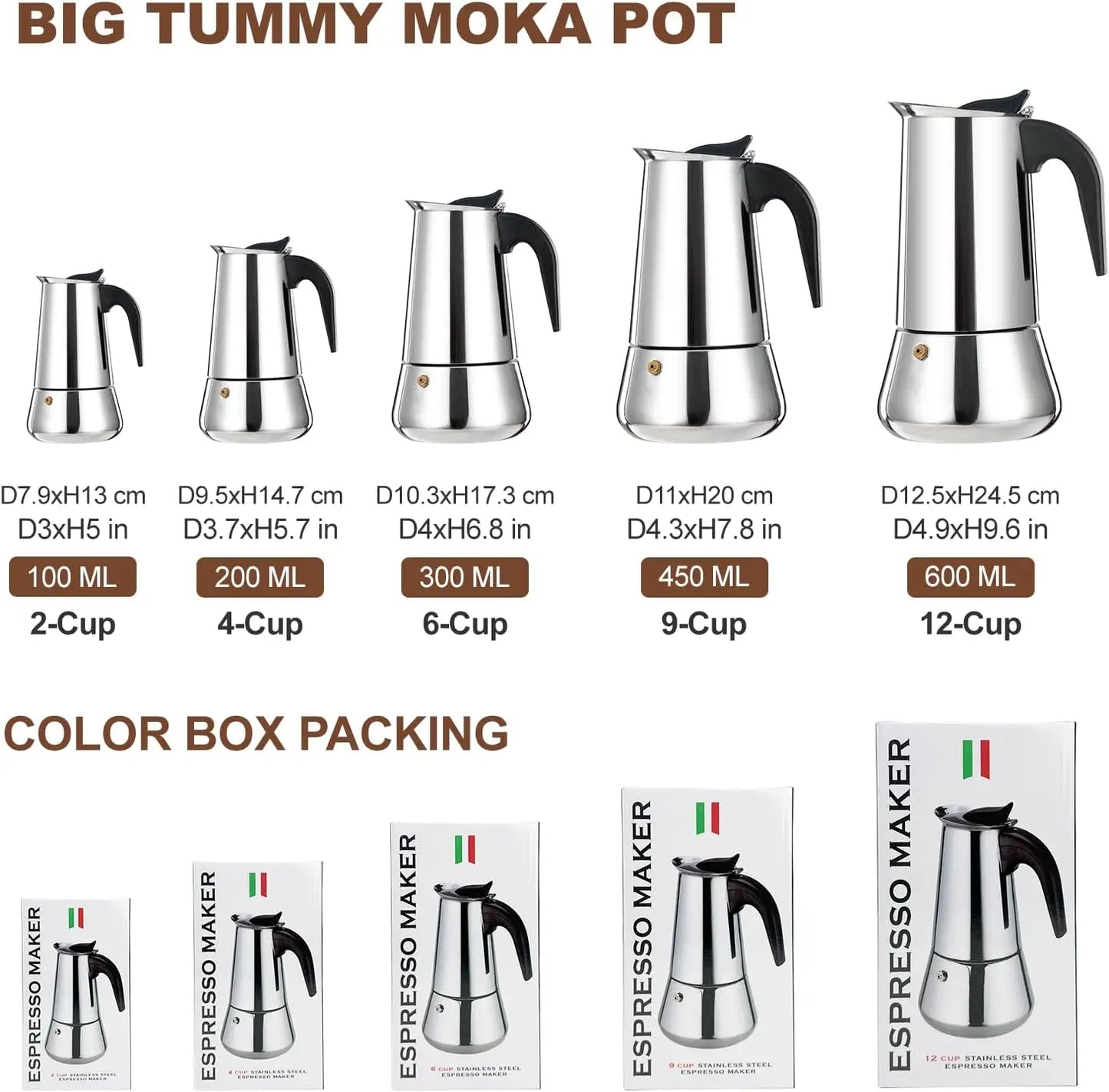 Food Grade Stainless Steel Stovetop Espresso Moka Pot with Safety Valve, Multi Capacity Italian Coffee Percolator, Gas Induction Camping Coffee Maker for Home Cafe Use