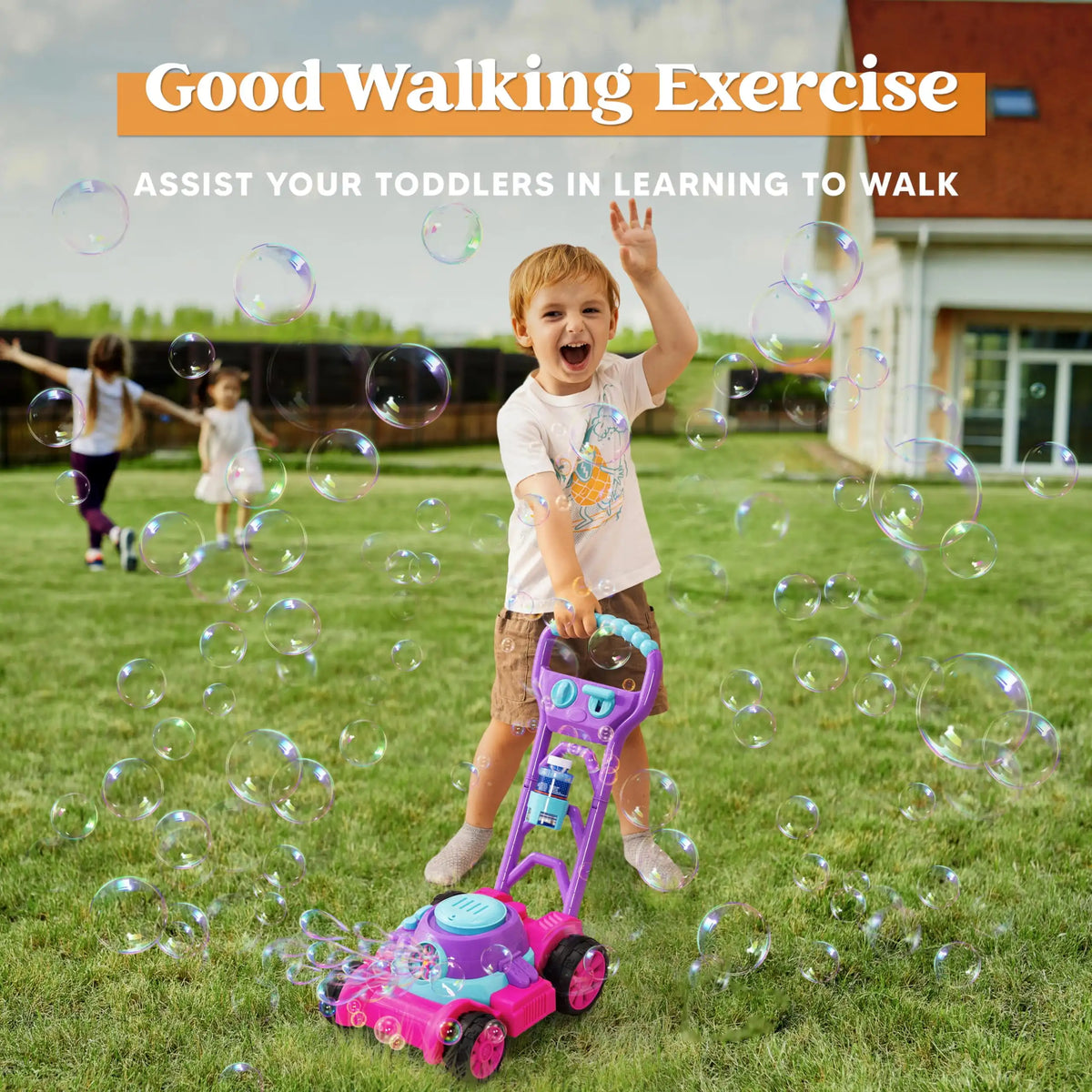 JOYFY Bubble Machine Bubble Lawn Mower Summer Outdoor Toys Pink Bubble Blower for Kids 3-6 Birthday Gifts