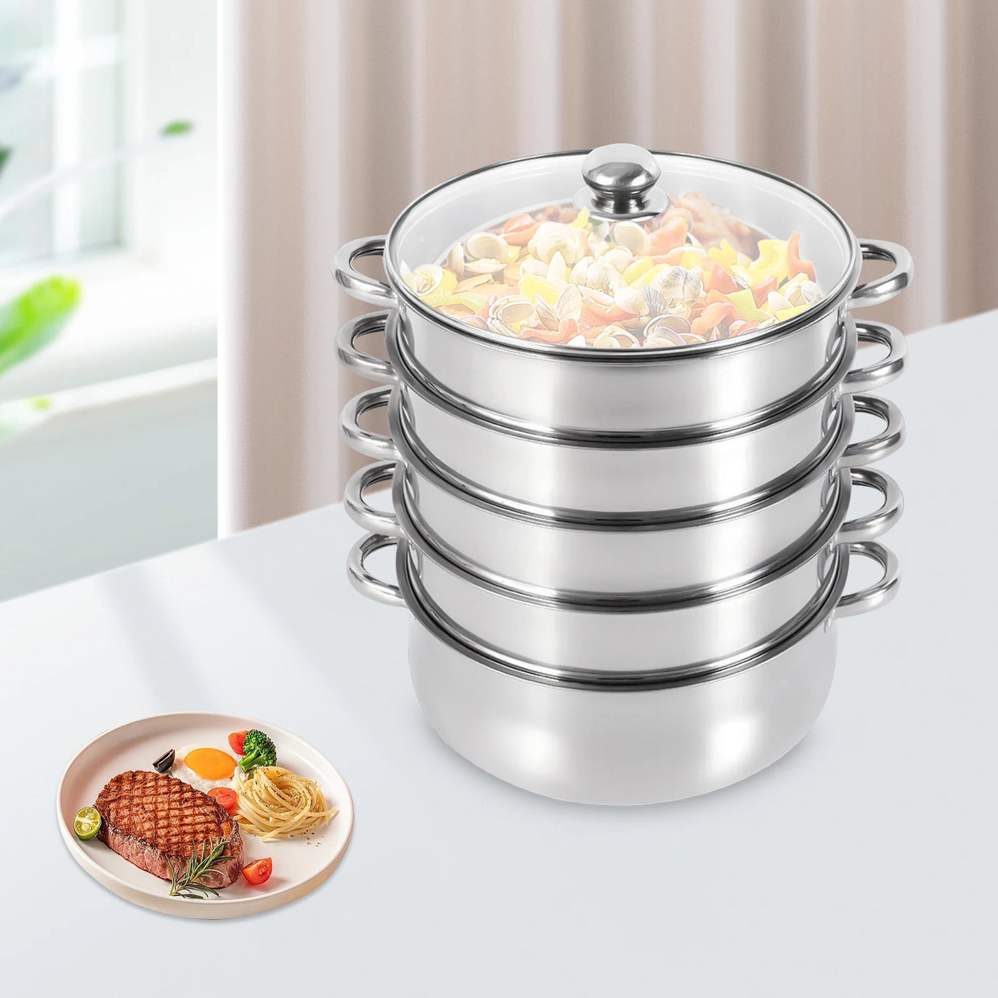 5-Tier Stainless Steel Steamer Pot 304 Food Grade Stackable Cookware
