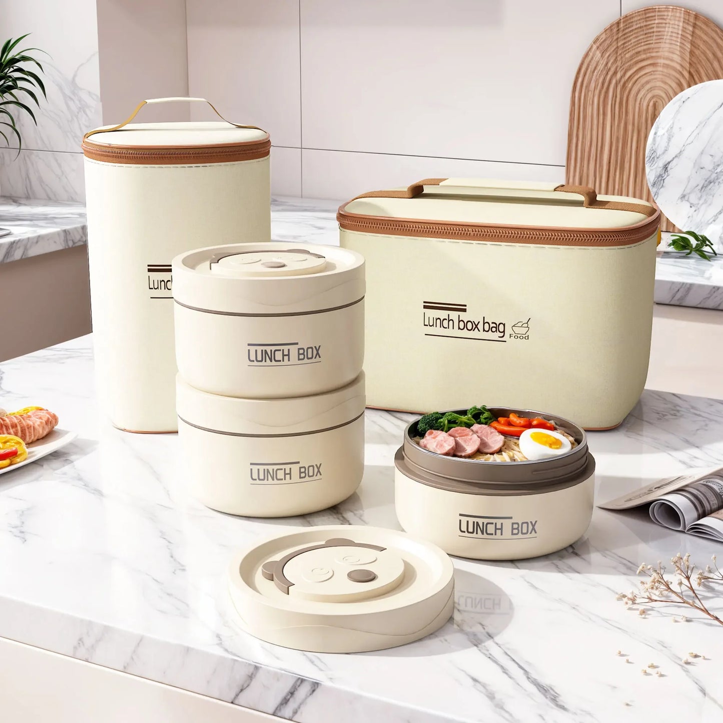 Portable Insulated Lunch Container Set, 304 Stainless Steel Stackable Leak Proof Food Jars with Airtight Lids, Microwave Safe Thermal Bento Bowls with Insulated Lunch Bag for Office School Travel