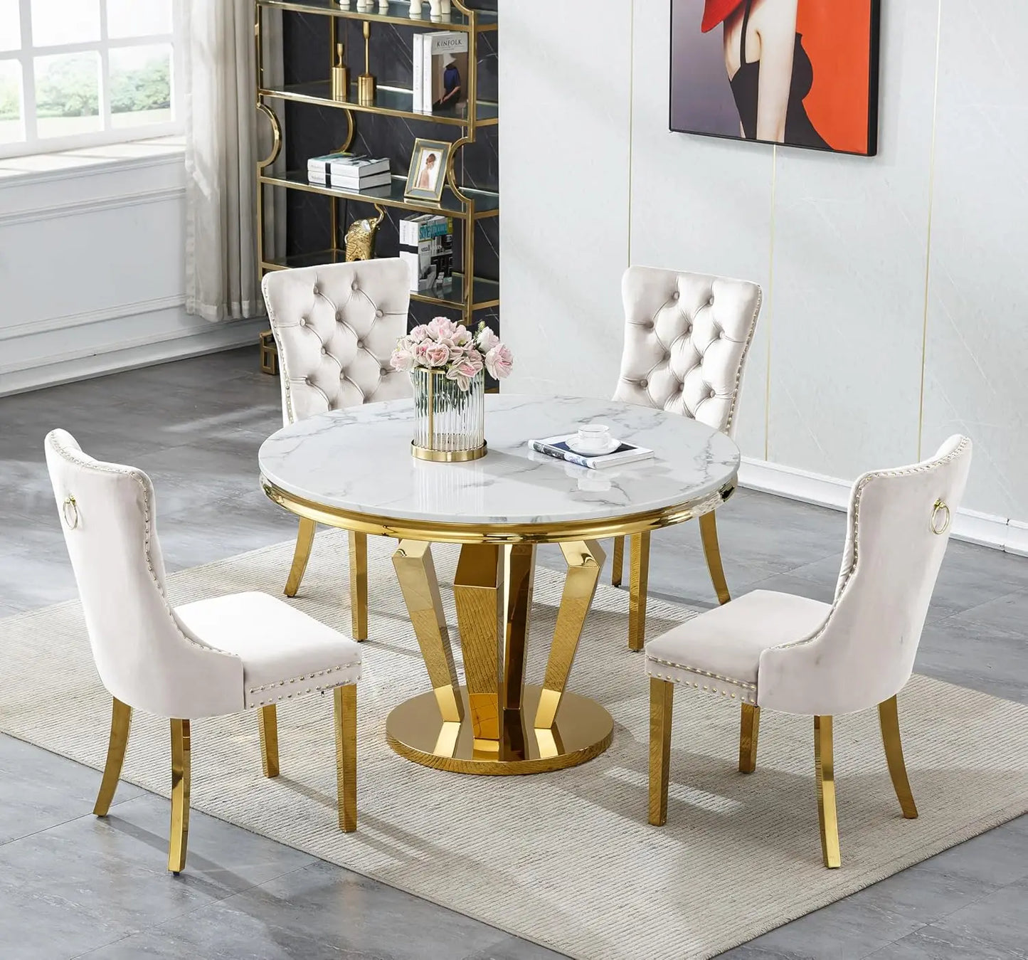 Modern Round Dining Table Set With Velvet Chairs