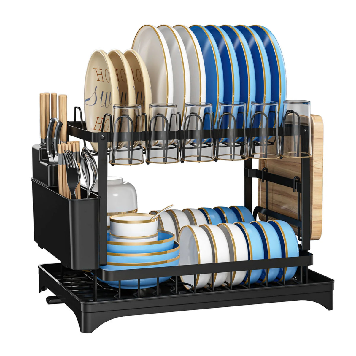 2-Tier Dish Drying Rack with Drainage Tray, Large Capacity Metal Dish Rack with Cup Holder, Utensil Cutter Holder & Knife Slots, Multi-Functional Kitchen Countertop Dish Organizer for Plates Bowls Glasses