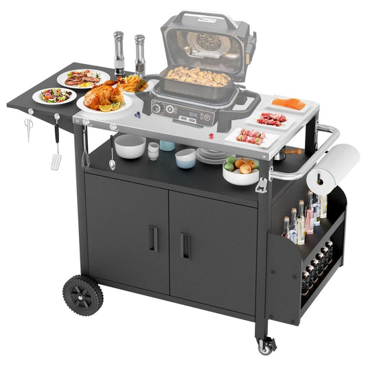 Outdoor Grill Cart With Cabinet And Lockable Wheels Stainless Steel