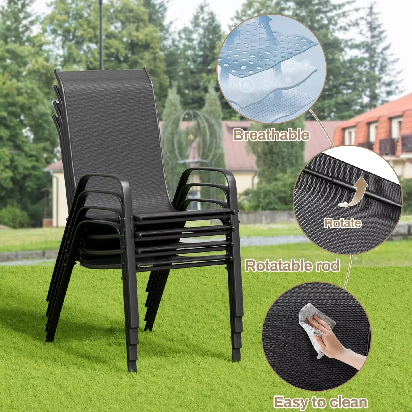 Patio Dining Set 5 Pieces, All Weather Outdoor Furniture W/ 30"x30" Table and 4 Stackable Textilene Chairs, Metal Table & Chairs