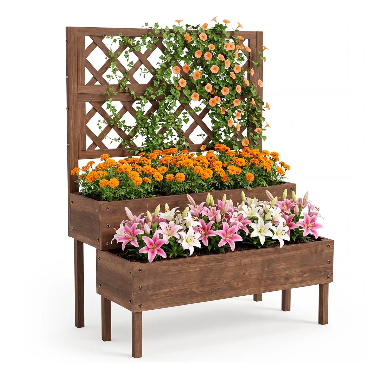 HiMISS Outdoor Wooden Raised Garden Bed With Trellis