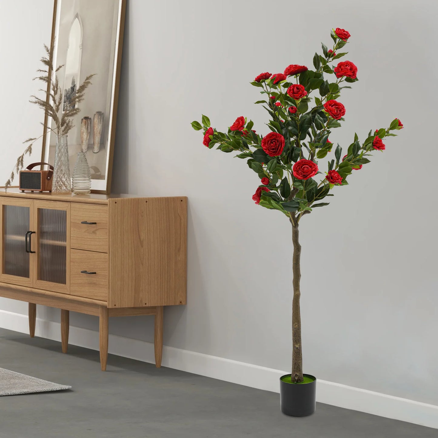 Simulated Tree Camellia Plant In Pot Lifelike Trunk Red Artificial Camellia Trees for Balconies/Shopping Malls/Exhibitions
