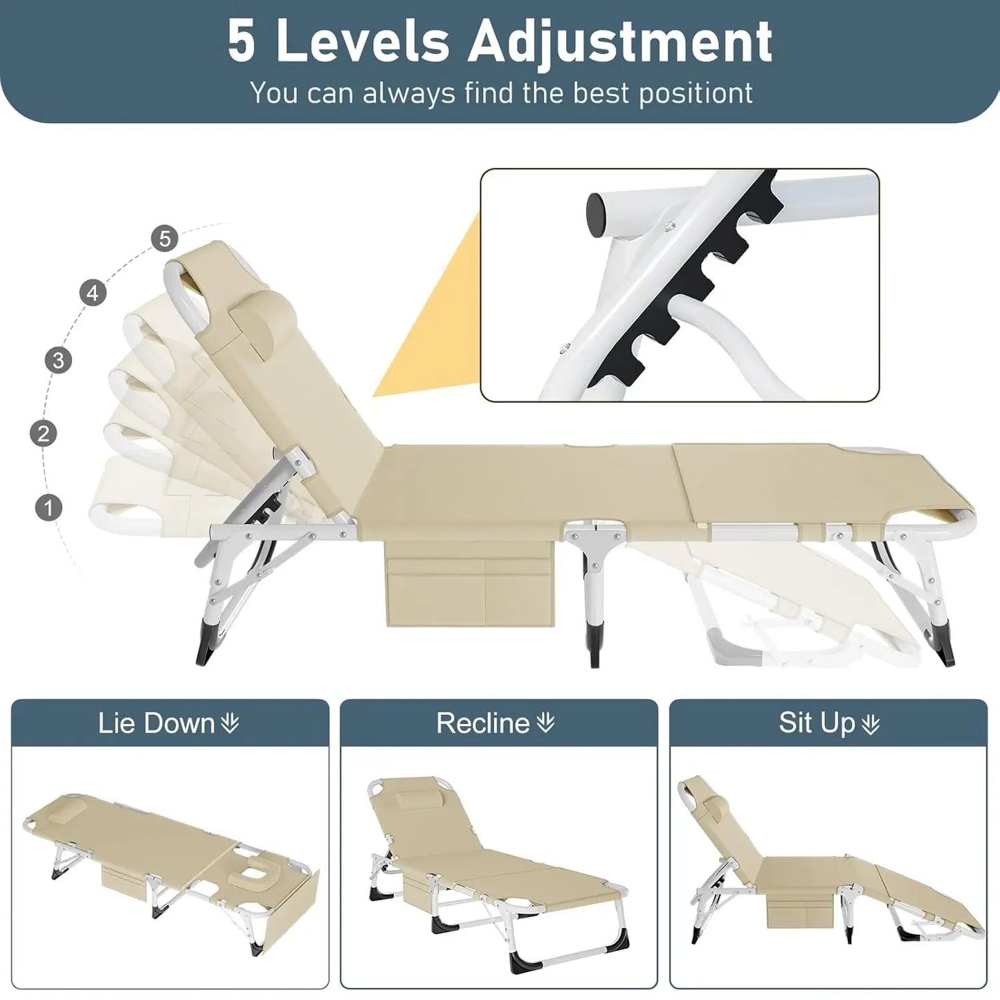 Tanning Chair Heavy Duty Folding Beach Lounger Chaise Outdoor