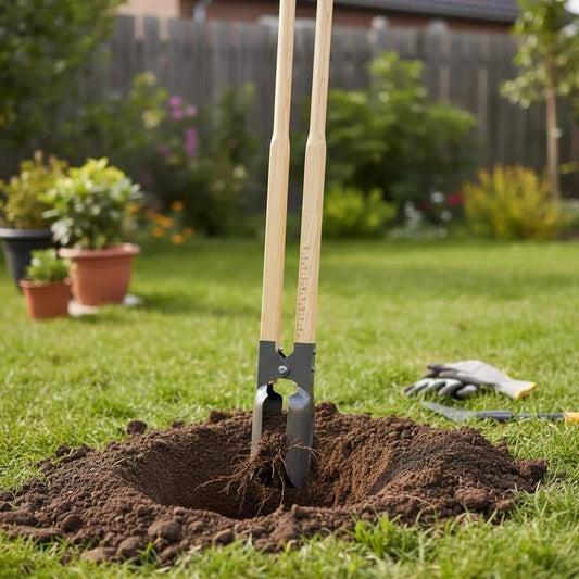 Manual Soil Auger 57.5-Inch For Fencing Landscaping Gardening, Wood Handle Scale Markings Metal Blade Heavy Duty Tool