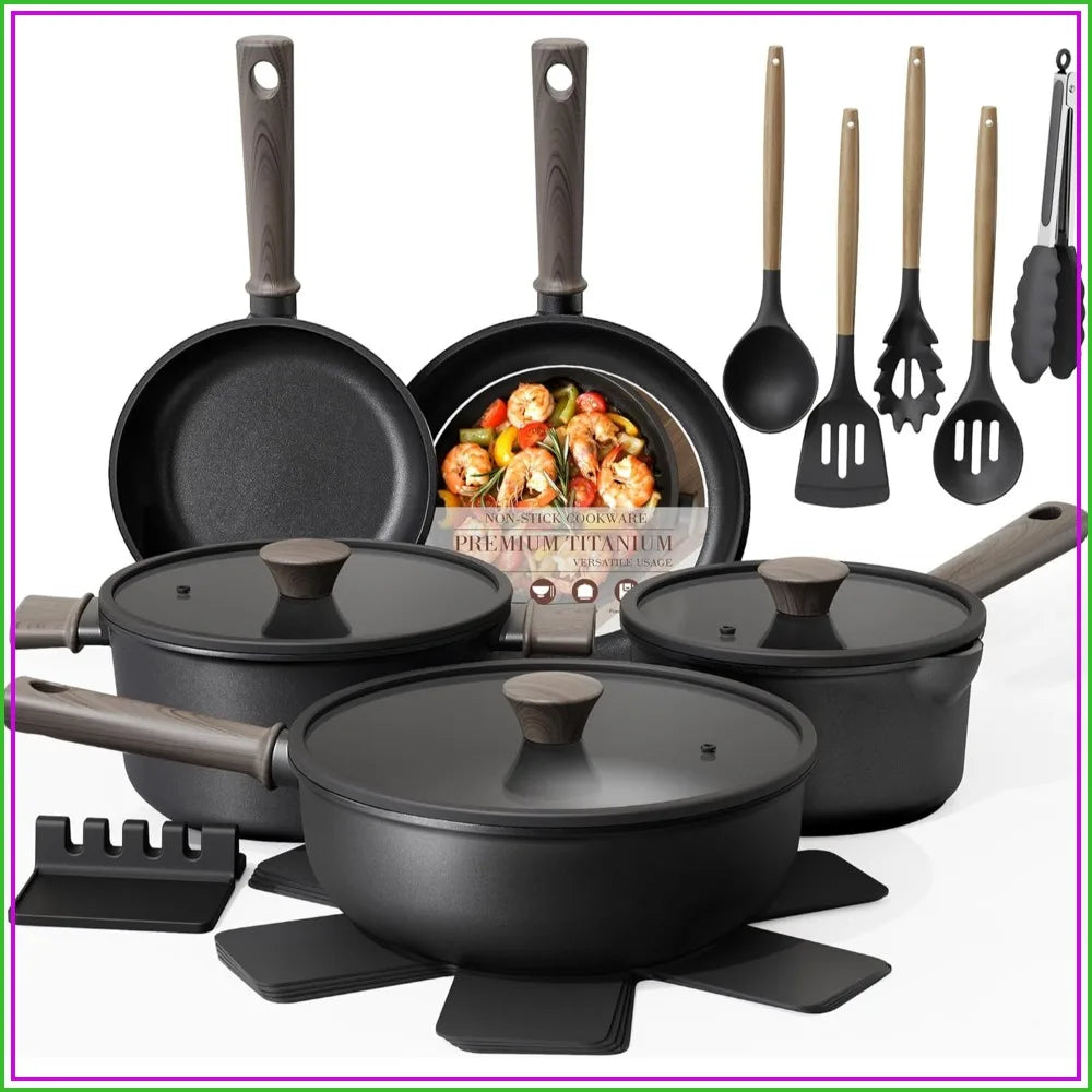 19 Piece Nonstick Pots And Pans Set Titanium Induction Cookware