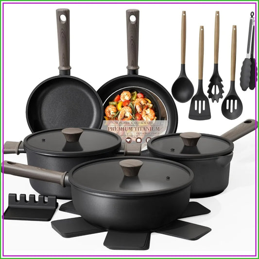 19 Piece Nonstick Pots And Pans Set Titanium Induction Cookware