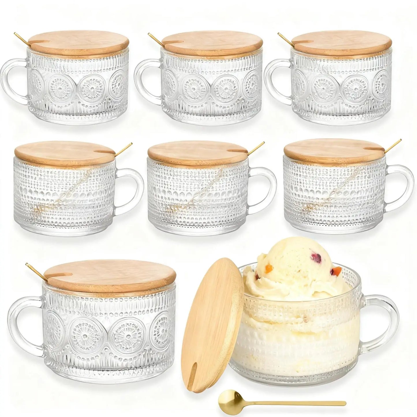 8‑Pack Embossed Glass Coffee Mugs Set with Bamboo Lids and Golden Spoons, Clear Vintage Texture Glass Cups, Oatmeal Yogurt Dessert Bowls, Drinking Tumbler for Tea, Milk, Juice, Home Kitchen Daily‑Use Drinkware
