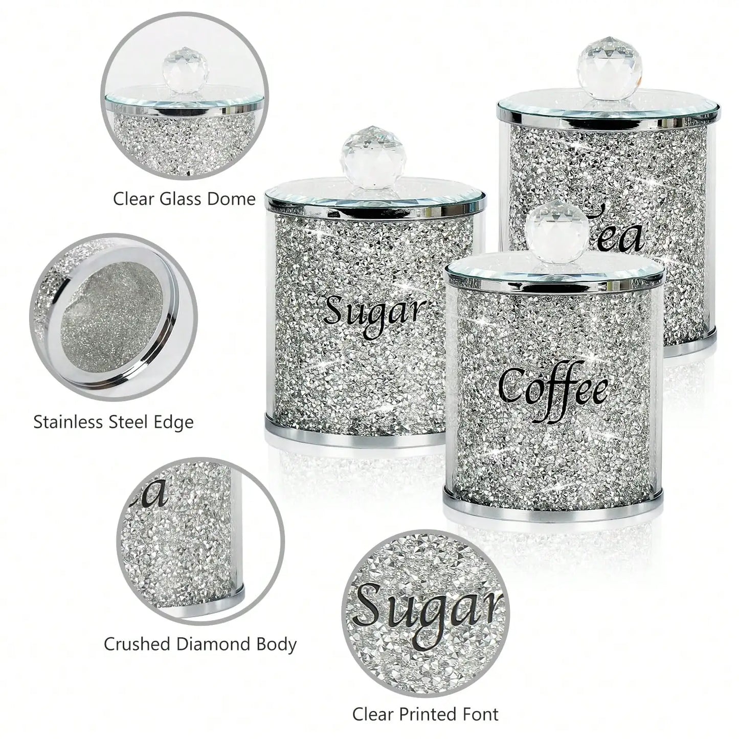 Coffee Sugar Tea Canister Set Sparkly Glam Crushed Diamond Kitchen Storage Container Set 4 Piece Silver Glass Jars With Lids And Mirrored Tray For Kitchen Countertop Coffee Bar Dining Room Home Decor Housewarming Gift