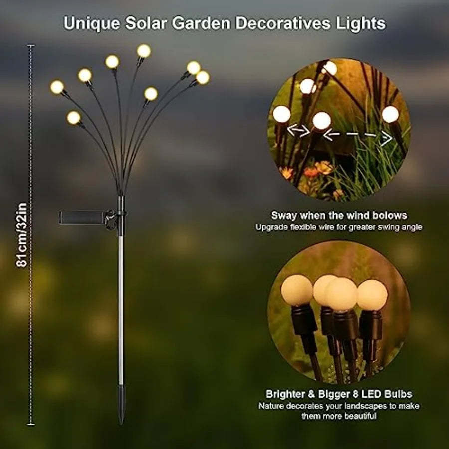 Solar Lights Outdoor 4 Pack, 32 LEDs,Solar Garden Lights, Outdoor Decorations, Firefly Light for Patio Decor, Big Bulb, Unique