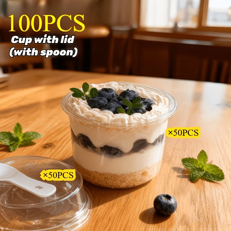 100pcs (50 Cups + 50 Lids) Round Dessert Cups With Lids & Spoons - Reusable Plastic Cake Containers, Ideal For Weddings, Birthda