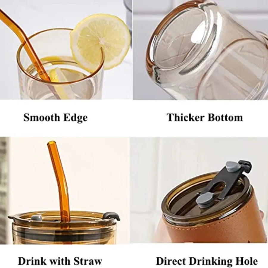 Glass Tumbler Bottle With Straw Dustproof Lid Double Wall Insulated
