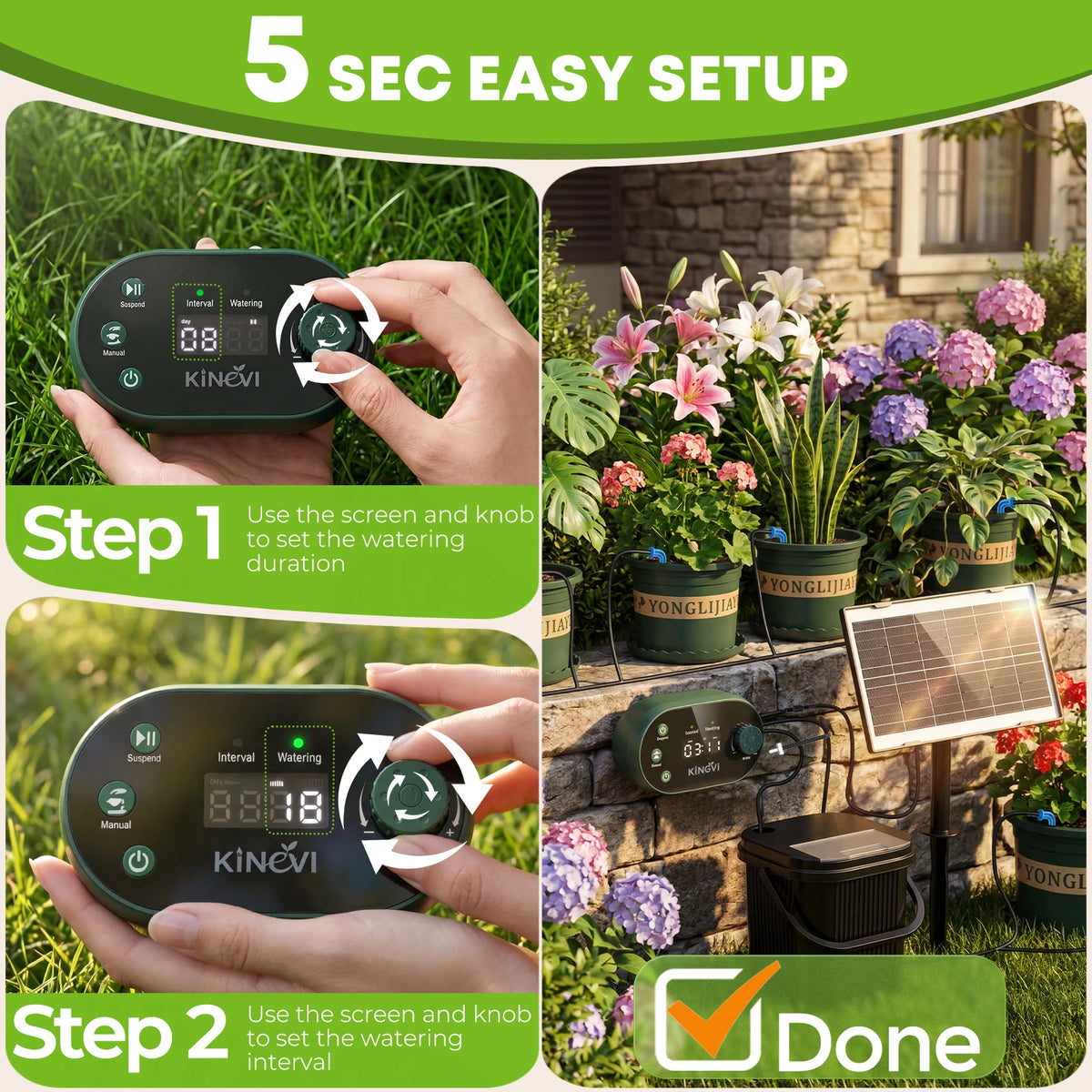 Solar Drip Irrigation System, 3W Automatic Watering System Built in 2200mAh Battery, with 22 Timing Modes 15m Hose&Anti-Siphoning, Suitable for Indoor Outdoor Plants Vegetables Shrubs