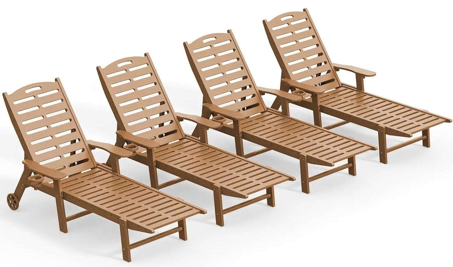 Heavy Duty HDPE Chaise Lounge Chairs Outdoor Set of 4, 5-Position Adjustable Patio Sun Loungers with Wheels & Cup, Customized