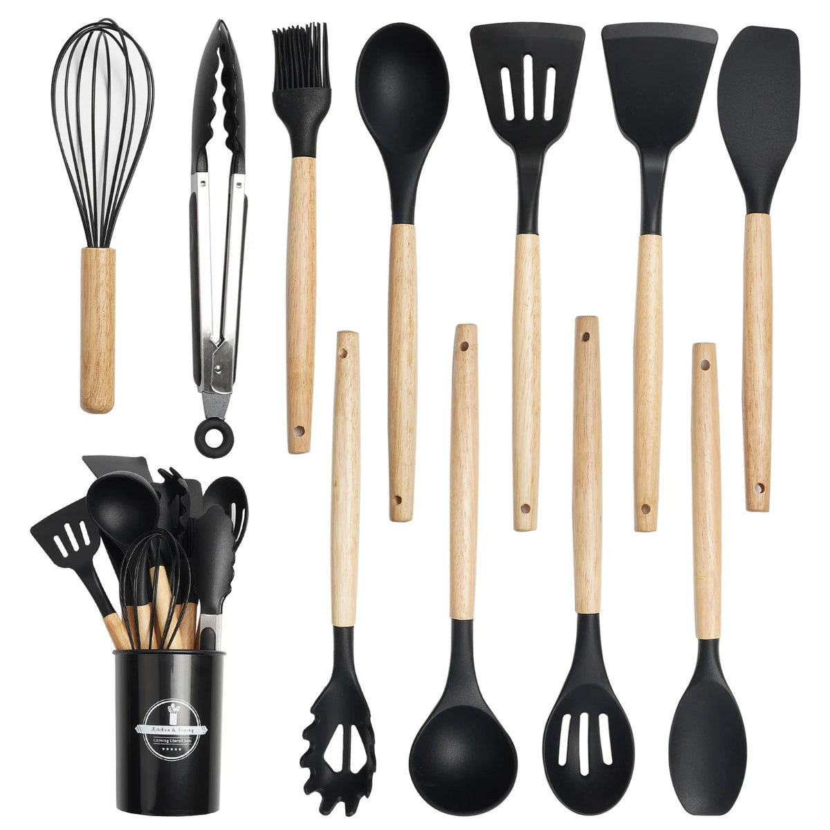 KOOMADE 12Pcs Silicone Cooking Utensils Set Natural Wood Handle Heat Resistant Non-Stick Kitchen Spatula Spoon Whisk Tongs Baking Tools With Storage Holder Kitchen Cookware Accessories