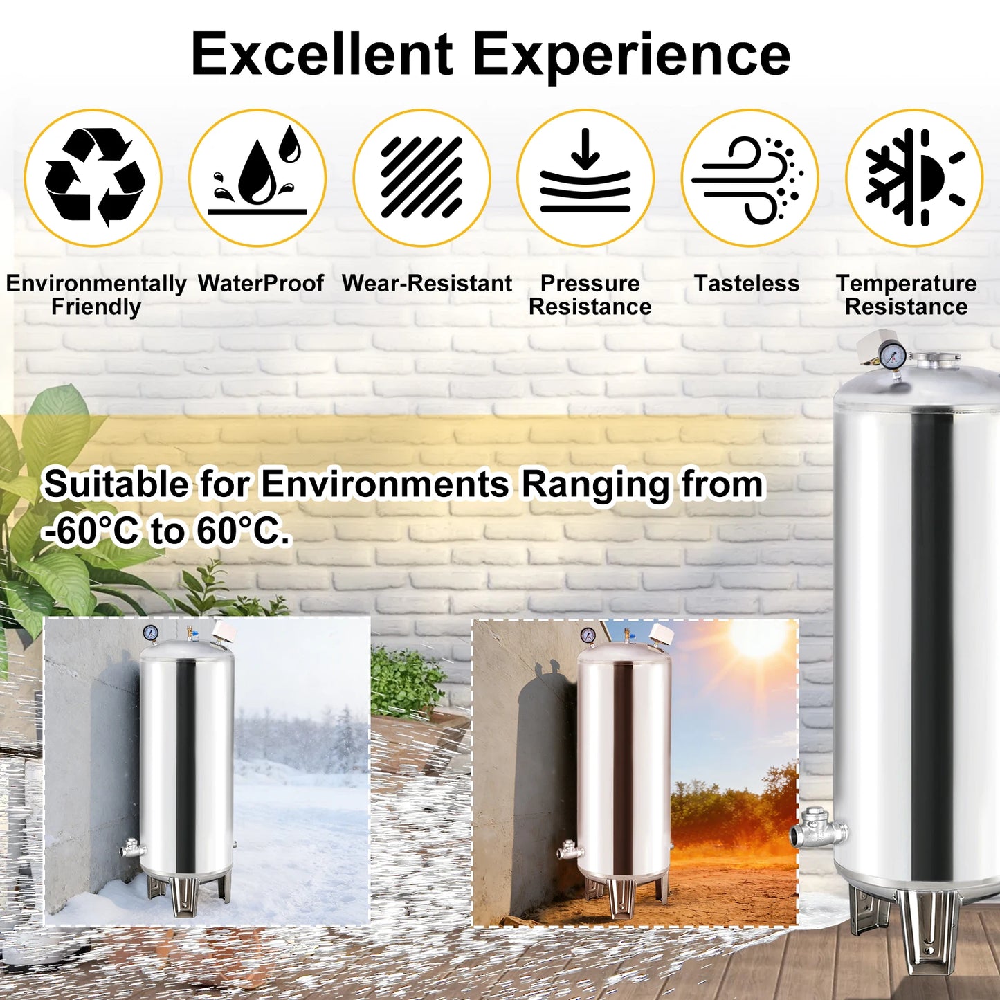 26.4Gal Well Water Pressure Tank, 304 Stainless Steel Pressurized Water Storage Container, Heavy Duty Automatic Booster Tank for Home Farm Garden Kitchen with Mounting Kit