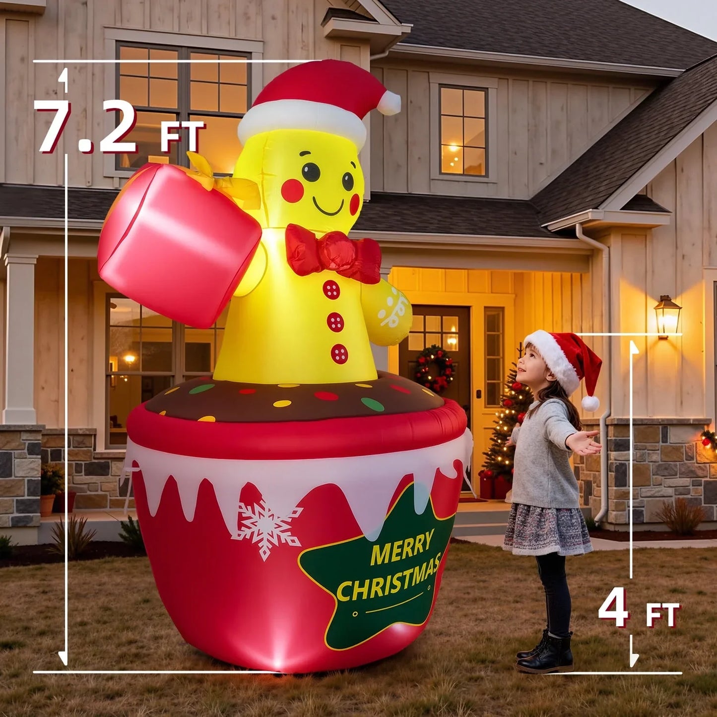 7.2ft Christmas Inflatable Decoration Outdoor Gingerbread Man Cup Shape Blow Up Model With LED Light For Xmas Party Garden Decor