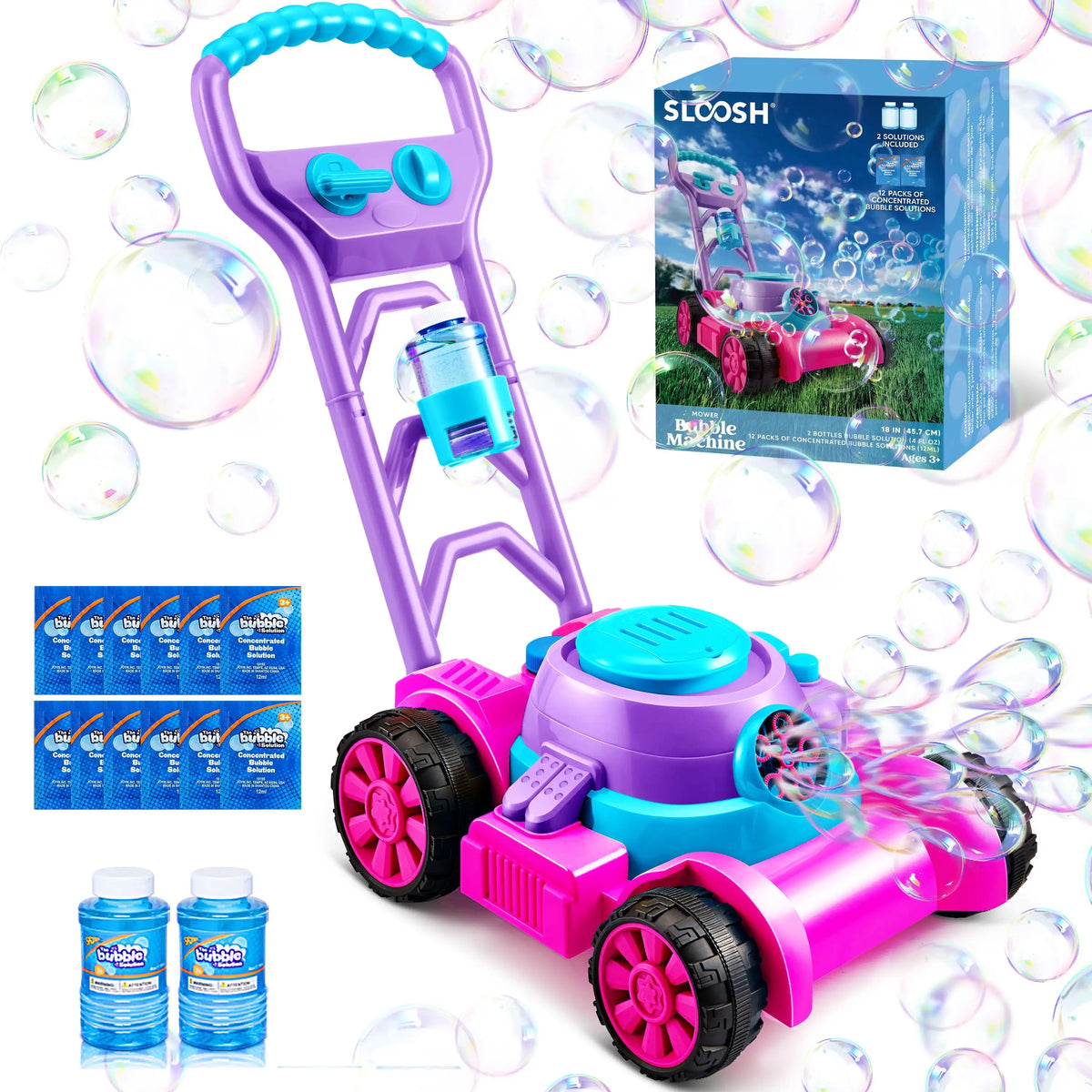JOYFY Bubble Machine Bubble Lawn Mower Summer Outdoor Toys Pink Bubble Blower for Kids 3-6 Birthday Gifts