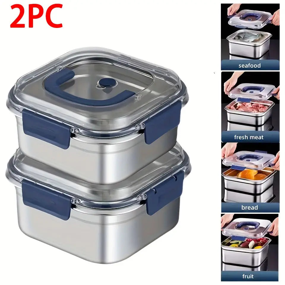 2PCS Yakimoto Extra-Large Stainless Steel Food Storage Containers With Blue Lids - Deep Design, Airtight Seal, Perfect For Refrigerator Organization, Meal Prep, Lunch Boxes & Kitchen Pantry