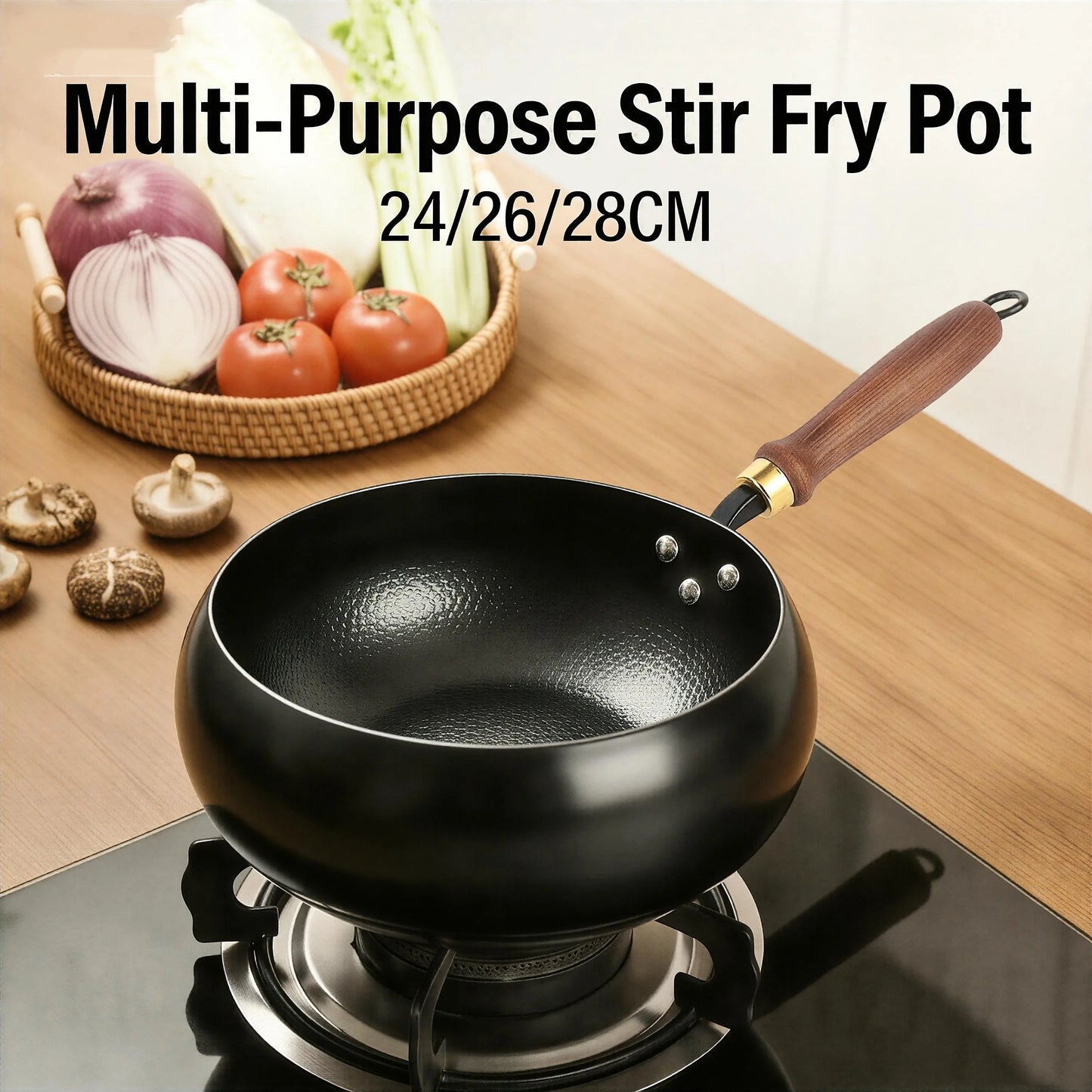 Hammered Wok With Deep Round Bottom For Gas And Induction