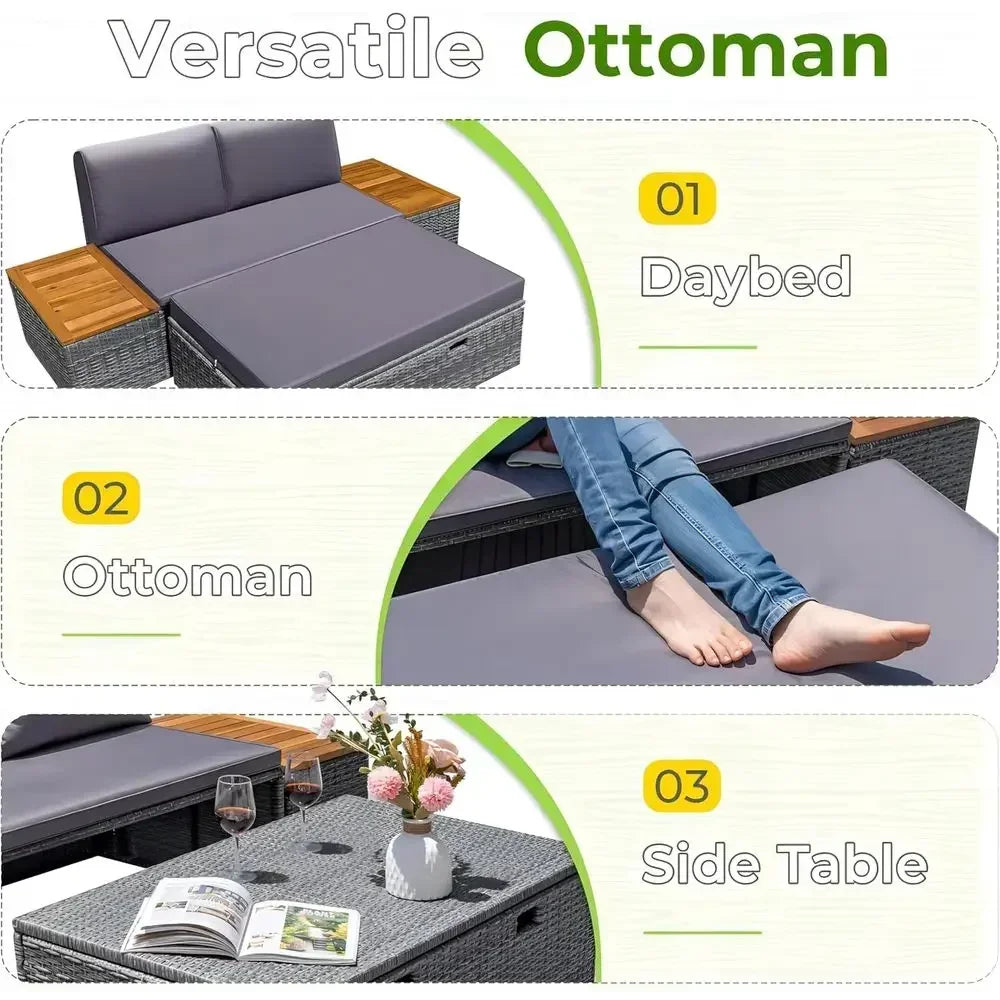 Multifunctional Gray Wicker Daybed Set with Side Tables, Cushions, and Storage Bench for Outdoor Use