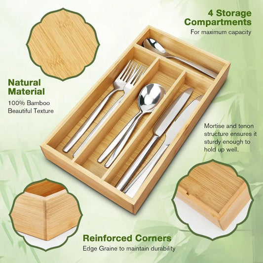 Bamboo Silverware Drawer Organizer With Grooved Dividers