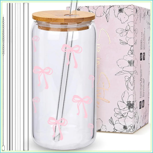 Glass Cup With Lid And Straws Aesthetic Preppy Tumbler Gift