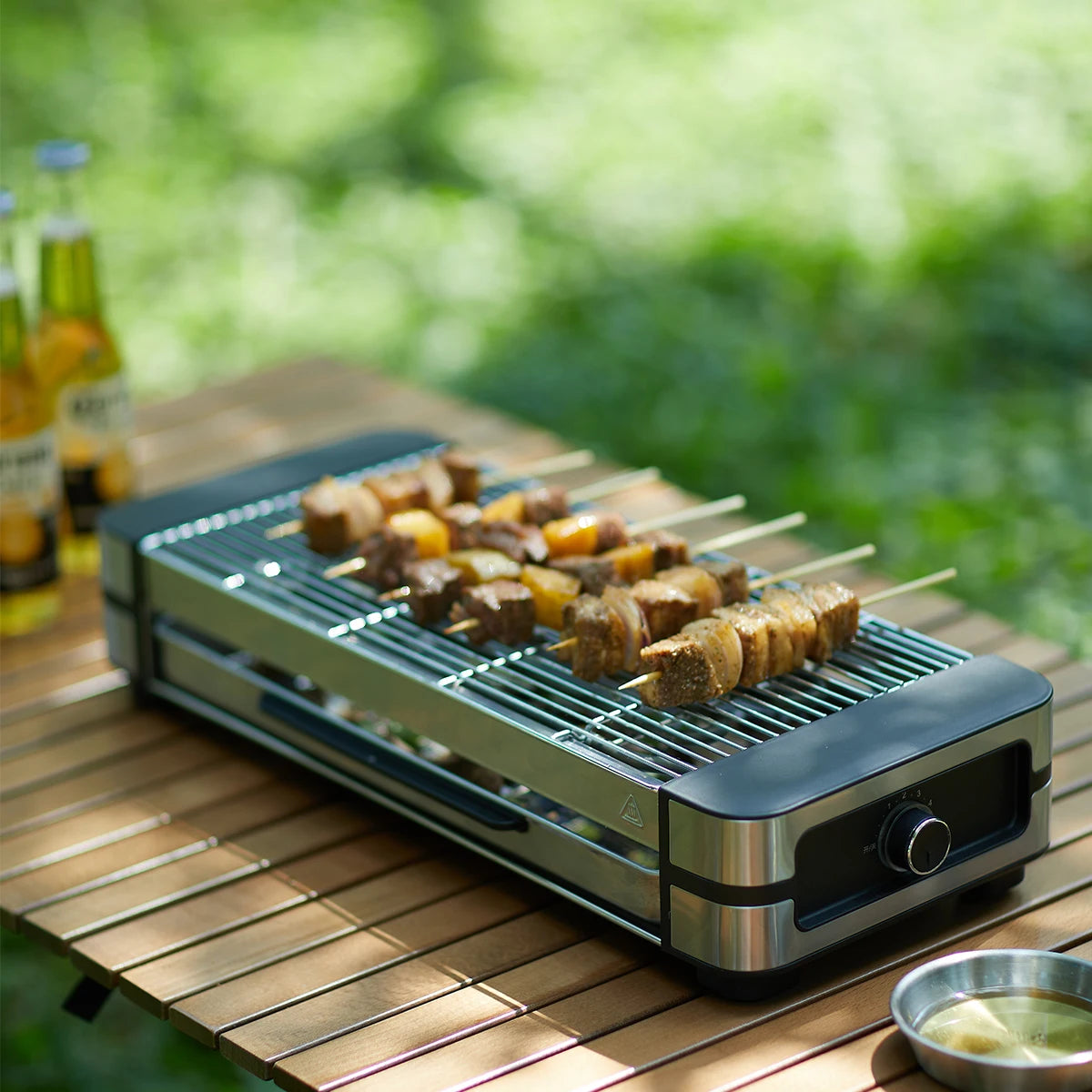 Stylish AMERZIS stainless steel electric grill for indoor and outdoor use, 110-130V American plug with temperature control and removable surface brush, ideal for cooking steaks and vegetables