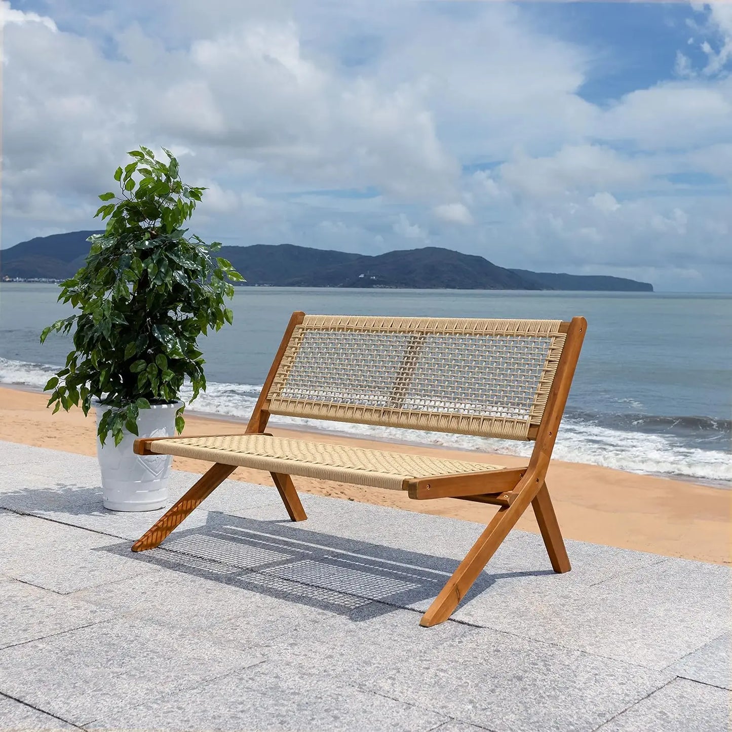 Natural Wood And Rope Foldable Bench Outdoor Patio