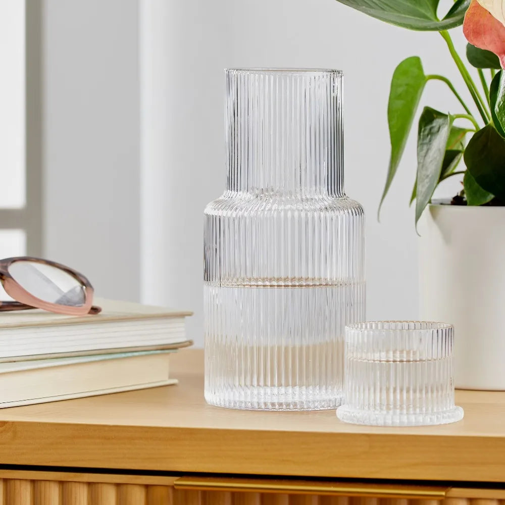 30 Ounce Clear Ribbed Glass Pitcher Carafe with Lid Cover Beverage Serving Decanter for Homemade Juice Milk Cold Drinks Kitchen Bar Restaurant Daily Use