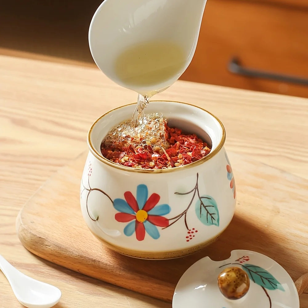 Japanese Ceramic Seasoning Bottles Set With Lids And Spoons