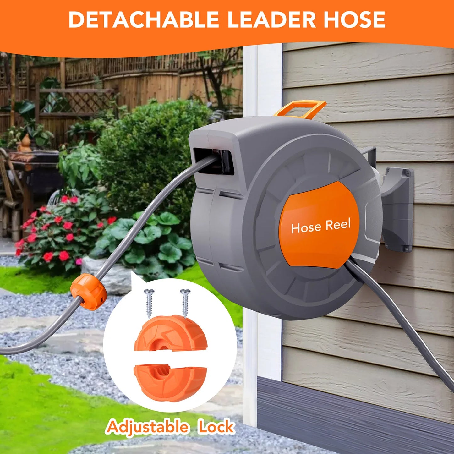 Retractable & Wall-Mounted Garden Hose Reel - 1/2" x 65FT/100FT with 9-Function Sprayer, Auto Rewind, 180° Swivel, Any Length Lock - Durable Garden Irrigation Tool