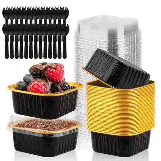 5 OZ Square Mini Baking Pans with Lids, 3.5x3.5 Inch Mini Cake Tins, Aluminum Foil Baking Cups Disposable Cake Containers for P