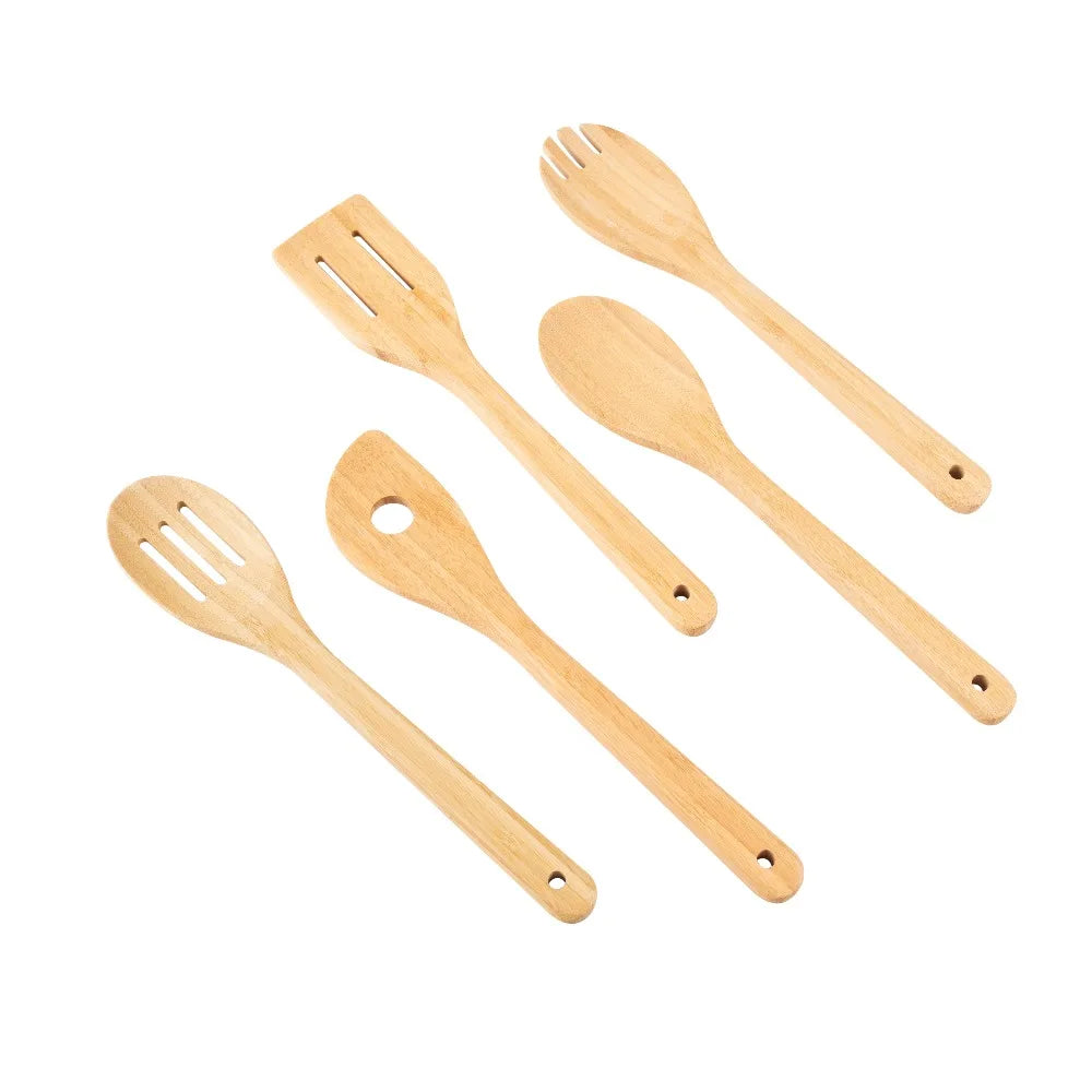 5 Pack Bamboo Spoons for Cooking Kitchen Utensil Set Wooden Stirring Spoons Essential Kitchen Tools Natural Wood Spatula for Stirring Mixing Serving