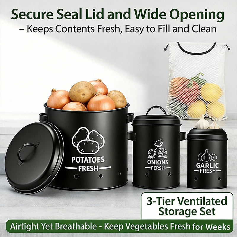 Metal Potato Onion & Garlic Storage Containers with Lids & Air Holes – Stackable 3 Sizes Space-Saving for Kitchen Counter Black