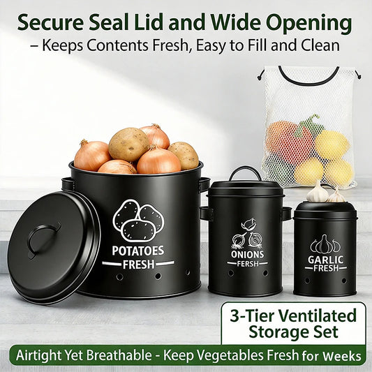 Metal Potato Onion & Garlic Storage Containers with Lids & Air Holes – Stackable 3 Sizes Space-Saving for Kitchen Counter Black