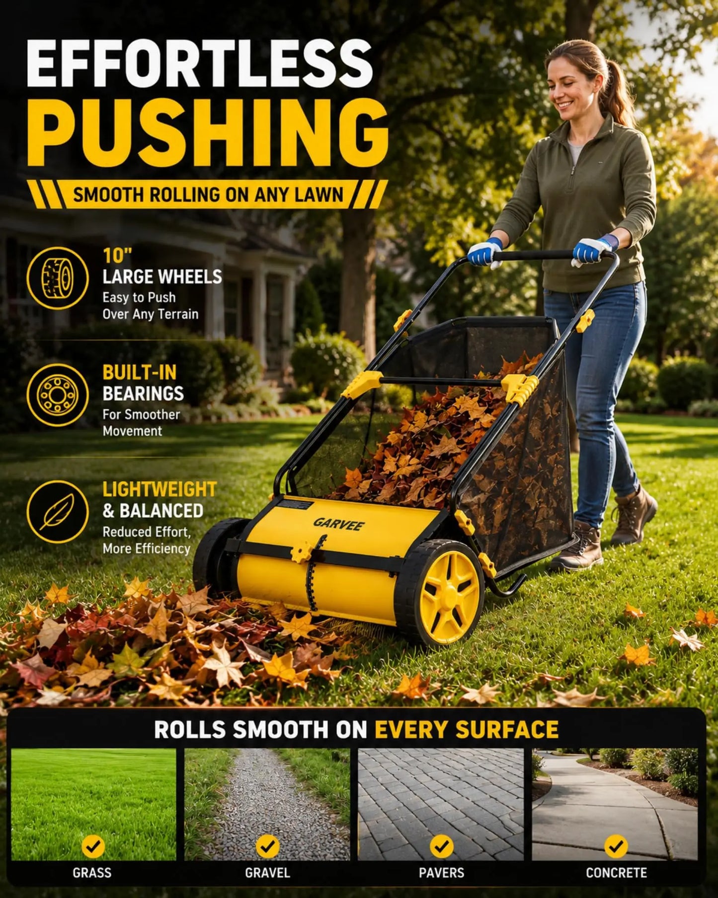 21 Inch Push Lawn Sweeper, Manual Leaf & Grass Collector With 3.5 Cu.Ft. Mesh Bag, Wheel-Driven Yard Sweeper, 10-Level Height Adjust