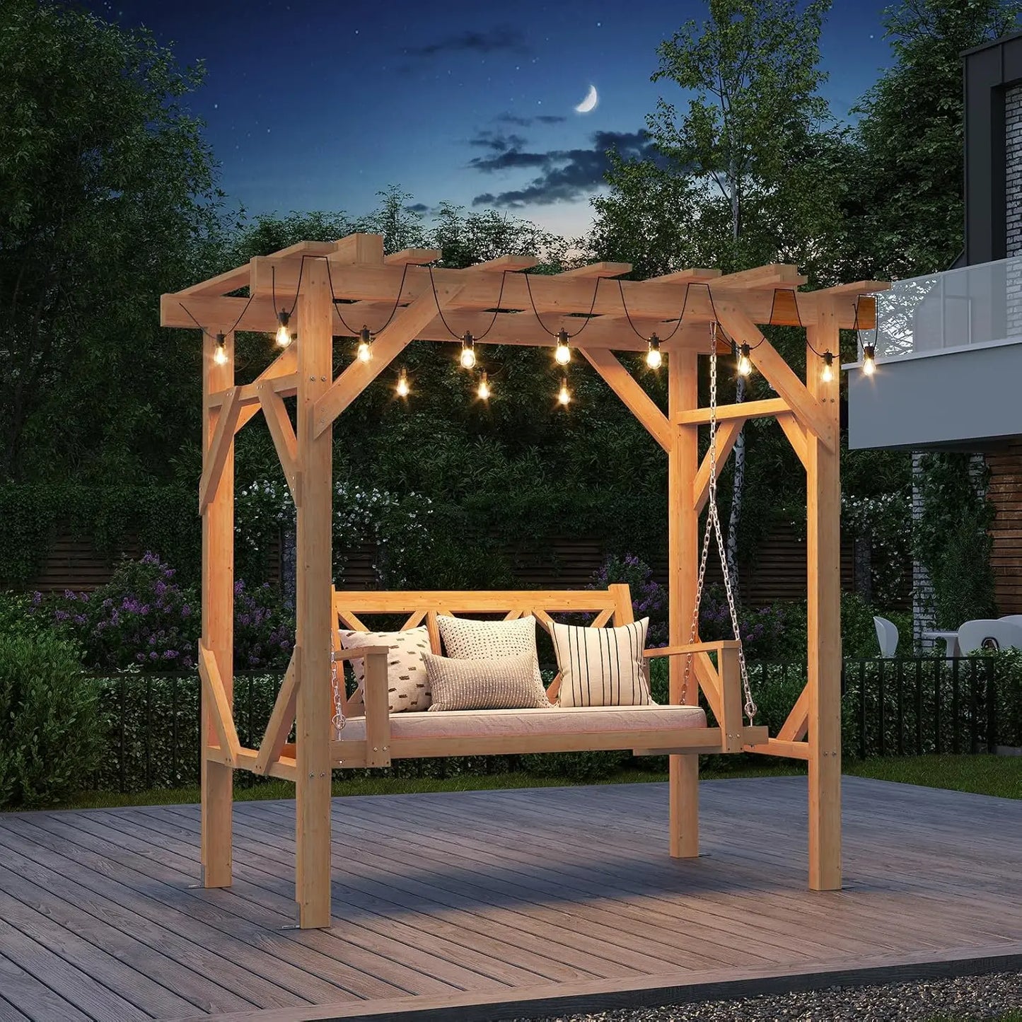 Cedar Wood Pergola Swing Bench 3 Seat With Canopy Chains