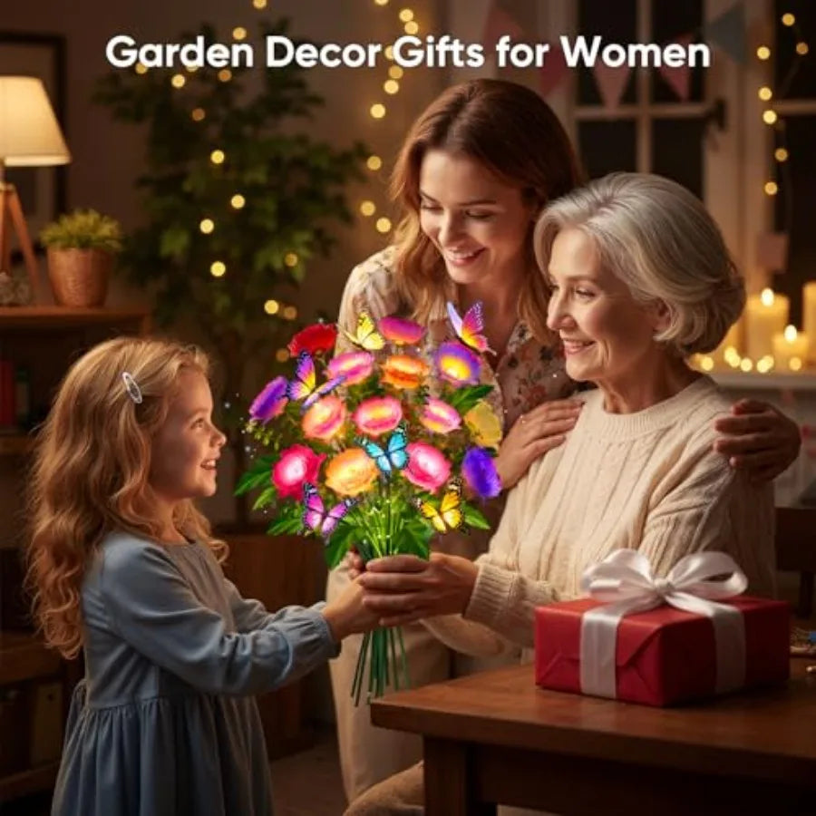 Solar Flowers Lights Outdoor Waterproof: LED Solar Lights Decorative for Outside Garden Decor with Butterfly Auto-On/Off for Ya
