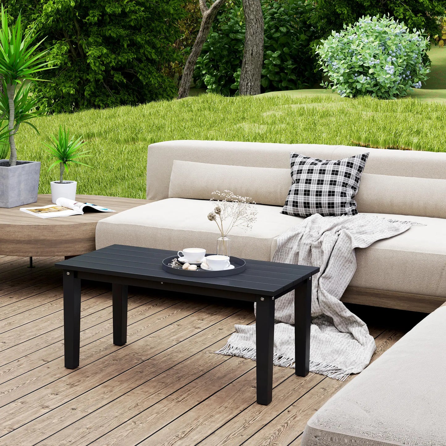 Hdpe Outdoor Coffee Table, Rectangle Slatted Patio Table, Black